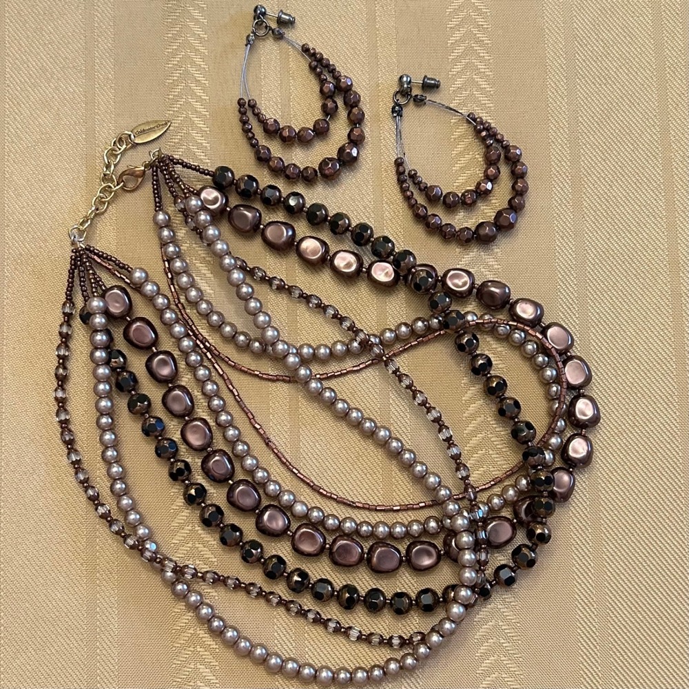 Coldwater Creek Bronze Multi Strand Beaded Necklace and Hoop Earring Jewelry Set
